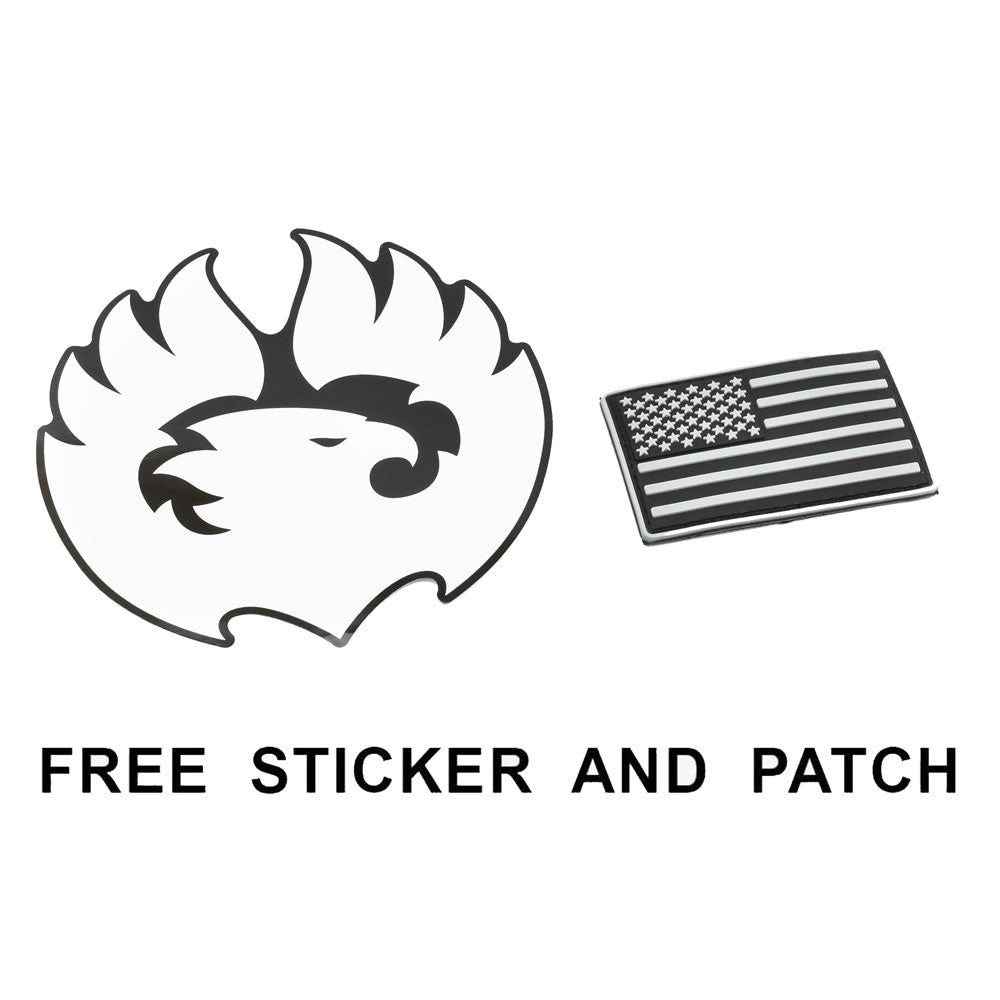 Free TORCH EDC sticker and patches set – includes TORCH Phoenix logo patch, American flag patch, and large TORCH Phoenix sticker.