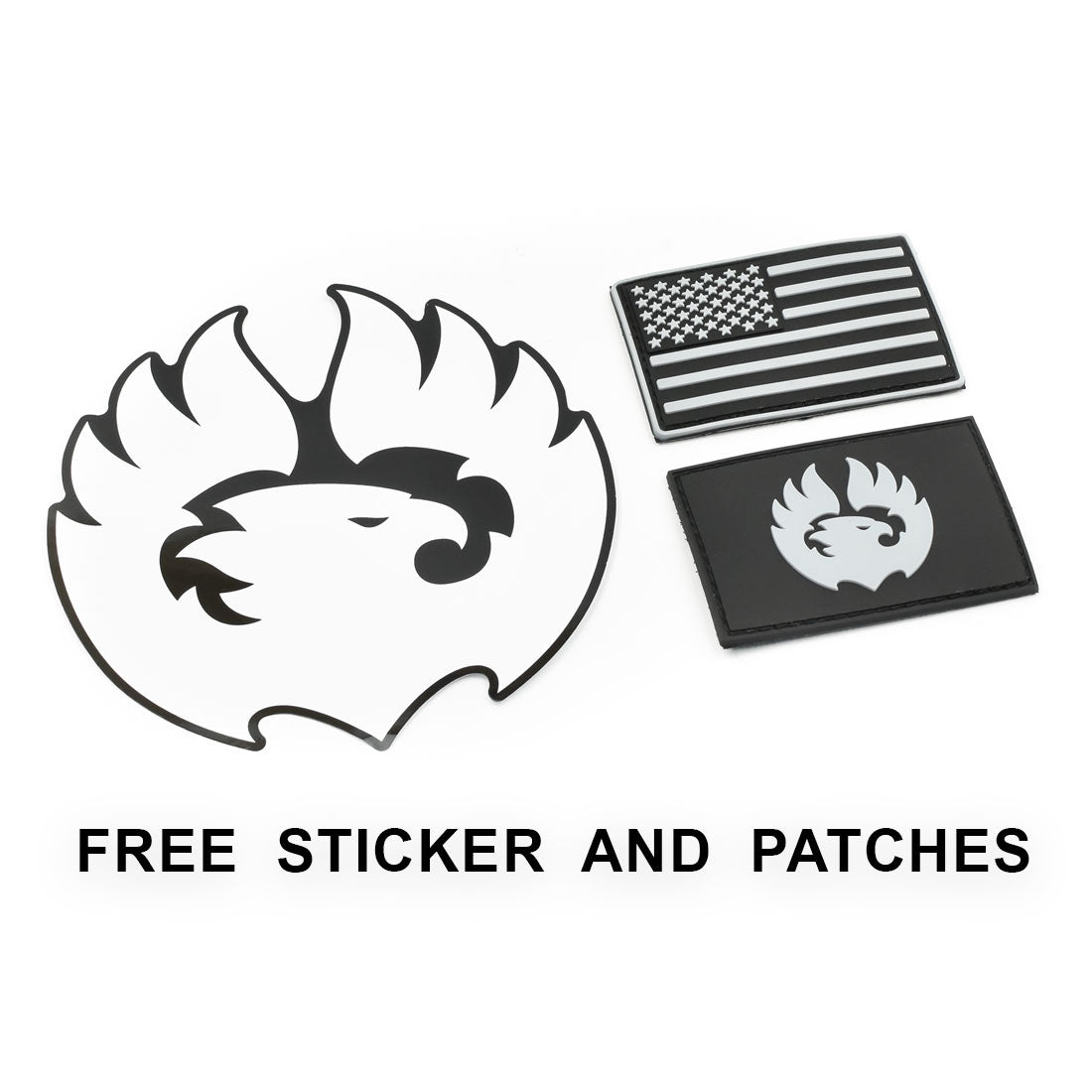 Free TORCH EDC sticker and patches set – includes TORCH Phoenix logo patch, American flag patch, and large TORCH Phoenix sticker.